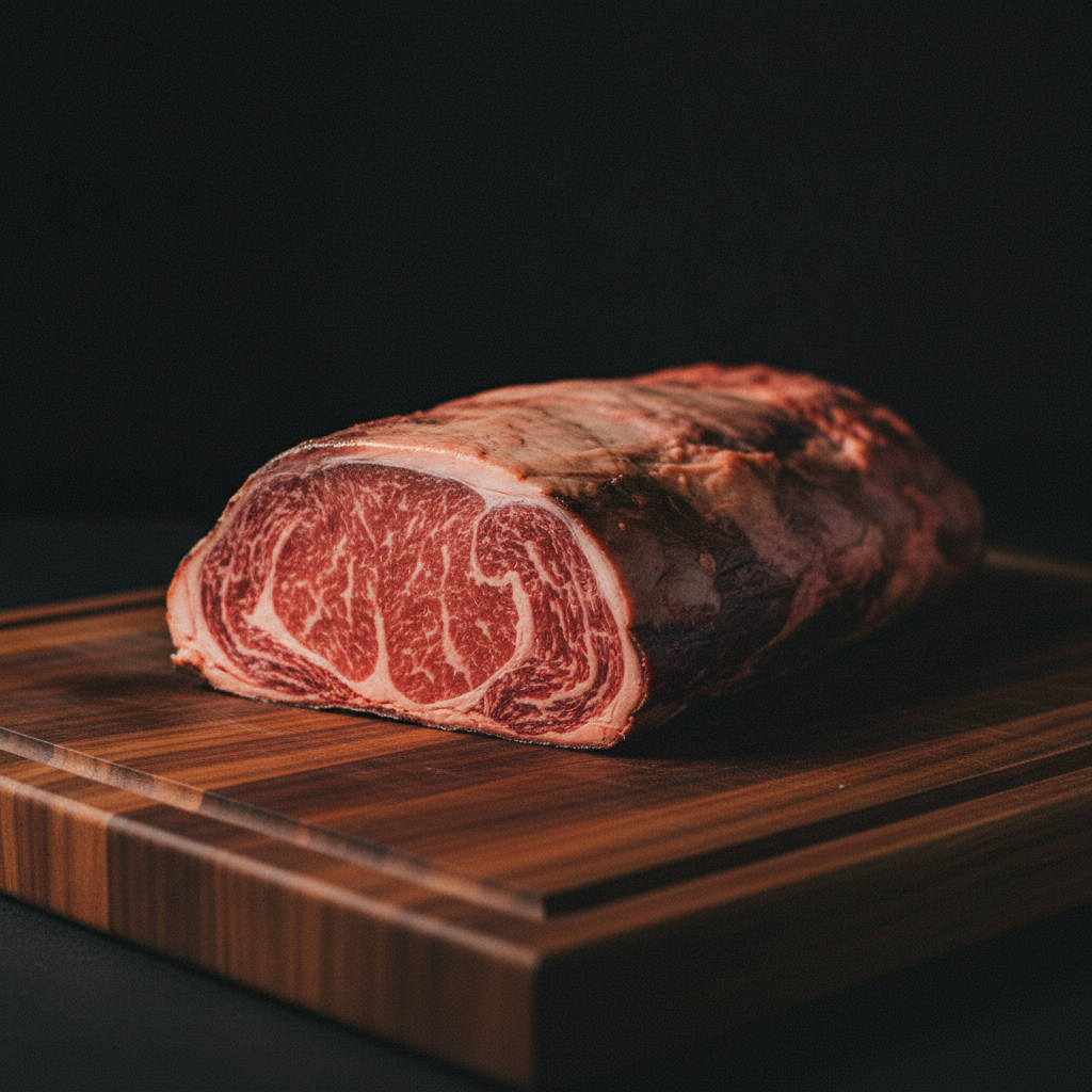 切り開いた熟成肉の断面。細かい脂の筋が入った赤身。