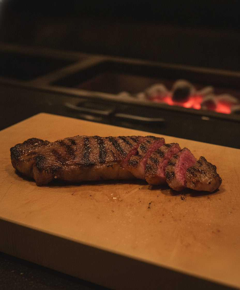 炭火の上で休ませた熟成肉の塊。端を切り分け、中の赤身が見えている。